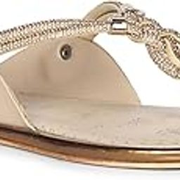 Women's Rhinestone Embellished Kolhapuri Flip Flop Sandals, Casual Open Toe, Slip-on, Flat Heel, Synthetic Knitting-9