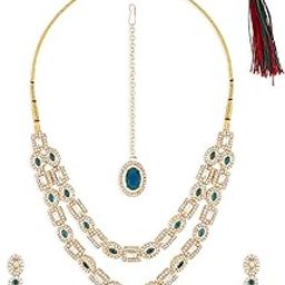 Dazzling Blue Stones Austrian Diamonds Layered Necklace Earring & Maangtikka Set For Women-ZPFK18965-image-21