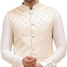 Gold & Pink Regular Fit Self Pattern Mandarin Collar Nehru Jacket-picture-3