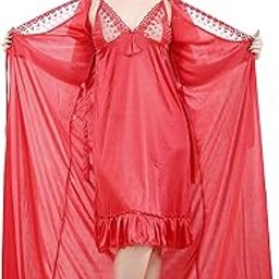 Women's Satin Solid Maxi Length Nighty with Robe (Size - Free Size) (Nightwear Set Pack of 2)-image-115