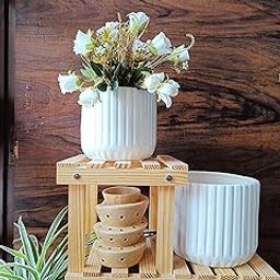 Niyara White line Design Stylish Large Ceramic Pots Combo Planters for Indoor Plants,Outdoor,Balcony,Home,Garden,Office Size -8 inches & 6 Inches (Snow White Combo)-image-8