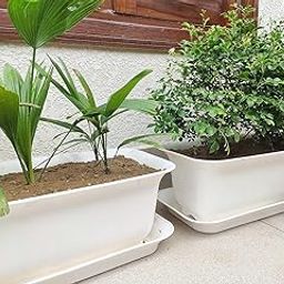 VINSHRA 20 Inch White Plastic Rectangular Flower Pot with Rectangular Bottom Tray Set of 2 Big Size Lightweight, Durable Outdoor & Indoor Planters, Perfect for Balcony & Terrace Gardens (White)-3