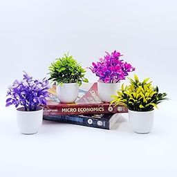 Artificial Plants for Home Decor - Set of 4 Mini Size Pot with Multicolor Faux Plants, Realistic Look, Durable Material - Perfect for Office Table Decoration and Showcasing-21