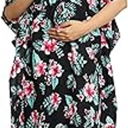 Women Rayon Black Pink Flower Feeding Maternity Kaftan Nighty-image-82