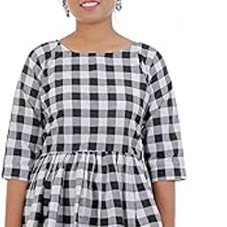 Women's Gingham Printed Checkered A-Line Top with Round Neck - Black & White-picture-28
