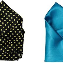 Men’s Satin Pocket Square Set – Black with Yellow Polka Dots & Teal Blue Solid-image-97