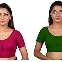 Women's Round Neck Cotton Stretchable Short Sleeves Readymade Saree Blouse | Regular Wear Plain Blouse for Women Stylish-image-99
