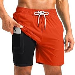 Mens Swim Trunks with Compression Liner 5 inch Inseam Quick Dry Bathing Suits with Zipper Pocket-No Thigh Chafing-image-120