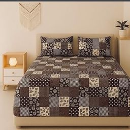 AHD Cotton Blend 84"x78" Elastic Fitted Bedsheet for Super King Size Bed | Fits Up to 12-Inch Mattress | Printed Elasticated Fitted Bedspread with 2 Matching Pillow Covers (Mix Flower)-image-2