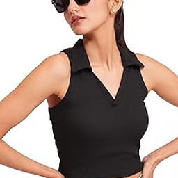 BERRY BIRD® Stylish Sleeveless V-Neck Slim Fit Collar Ribbed Knit Tank Crop Tops for Women & Girls Beach and Gym Wear and Western Trendy Fashion-image-84