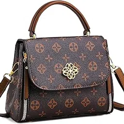 diva dale Designer Monogram Crossbody Handbag, Flap Satchel Purse with Top Handle, Brown Print-picture-3