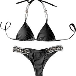 CALANDIS™ Women Rhinestone Swimsuit Bra Thong Bikini Set Bathing Suit Swimwear Black S | Swimwear | Womens Clothing-picture-37