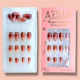 AVSAR Press-On Nails Set | 20 Reusable Almond Shape Terracotta Ombre Nails with Rhinestones | Stick-On Artificial Nails for Women | No Glue Needed | Salon Look at Home-image-88