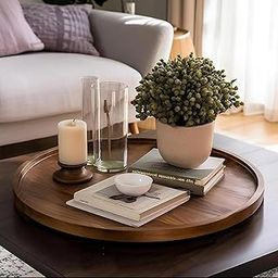 FLIPSSHOPPEE Round Decorative Tray Rustic Wooden Coffee Table Trays Home Decor Farmhouse Centerpiece Serving Trays for Food Drinks Ottoman Kitchen Countertop Set of 1-24