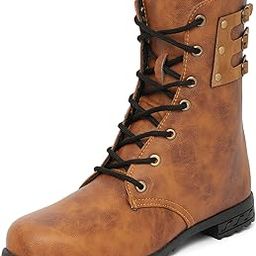 Women Fashion Stylish Flat Heel Boots Synthetic Leather Casual Wear For Outdoor Mid Calf Boots Black/Tan-image-51