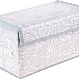 Amazon Brand - Solimo Drawer Storage Box | Clothes Drawer Organizer with Handle | Transparent Lid with Velcro | Wardrobe Organizer for Books | Jute-Print Storage Box (Grey)-image-26