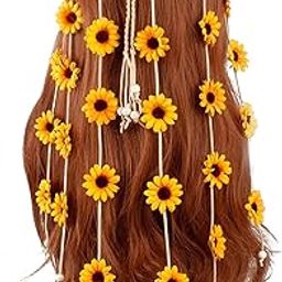 Flower Headband Hippie Sunflower Hairband Floral Crown Bohemian Hair Band Women Girls Boho Hair Hoop Headdress Headwear Headpiece Party Decoration Cosplay Costume Cute Handmade Hair Accessories Yellow-picture-24