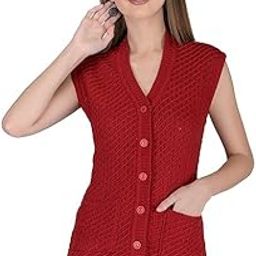 Women V-Neck Sleeveless Self Design Cardigan - Daffodil Fabric Winter Wear Pure Wool 100% Daffodil Wool Free Size Cotty Fully Warm with Front Pockets (Small, Maroon)-7
