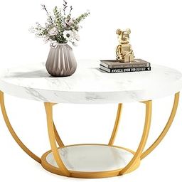 LITTLE TREE Round Coffee Table, 32" Circle Faux Marble Coffee Tables for Living Room, 2-Tier Golden Metal Legs Accent Center Table with Open Storage Modern Design Home Furniture (White and Gold)-17