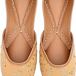 Women's Traditional Sequined Jutti Flats, Beige with Gold Embroidery, Handcrafted-13