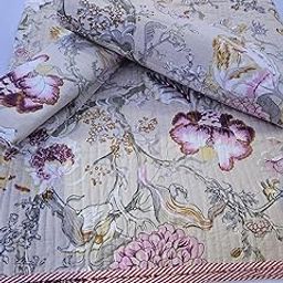 Floral Print badcover,Quilted Bedspread, Vintage Botanical Pattern with Purple Flowers, Beige Base with Striped Border-image-37