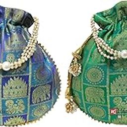 Patola Potli Banarasi Silk Brocade Bag Purse Drawstring Women's handbag with Pearl Handle & Tassel Weddings-image-78