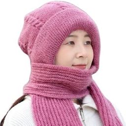 2 in 1 Windproof Scarf With Cap Integrated Ear Guard Hat Plus Velvet, Winter Warm Stole Soft Knitted Beanie Hats Scarf- Fur Cap with Stylish Muffler Woolen Caps for Women & Girls (Pink-Color)-picture-6