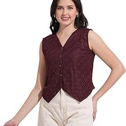 Women's Wine Lace Fabric Waist Coat-image-18
