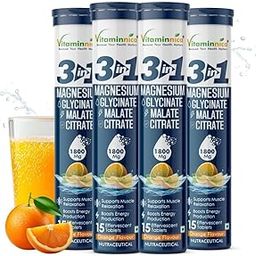 Vitaminnica Magnesium 3-in-1- Malate, Glycinate & Citrate for Muscle Health, Relaxation and Stress - 15 Effervescent Tablets (Pack of 4, Orange)-image-66