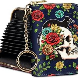 Credit Card Holder RFID Wallet, Small Card Holder Wallet for Women with Keychain Zipper, Funny Leather Print Credit Card Wallets Accordion Gift, Cat Skull-39