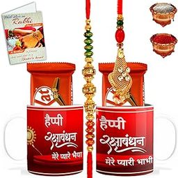Designer Rakhi Set for Brother Bhabhi, Rakhi Set with 2 Printed Coffee Mugs - Rakhi Gift Sets for Brother & Bhabhi with Chocolate, Coffee Mugs, Greetings Card & Roli Chawal-BCRakhi-L-03_D-19_Mug-BB-image-70