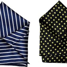 Men’s Satin Pocket Square Set – Navy Blue with White Stripes & Black with Yellow Polka Dots – Formal & Handkerchief-picture-13