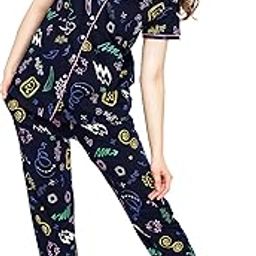 Night Suit for Women's Printed Cotton Night Dress of Shirt and Pajama Set 5751-image-73