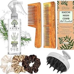 Eltihr Pack Of 7pc Kacchi Neem Comb, Wooden Comb with 200ml Rosemary Water Spray for Hair Growth & Hair Thickness | Hairfall, Dandruff Control | Hair Straightening, Frizz Control | Comb for Men, Women | Treated with Oil and herbs (All Combo )-image-4