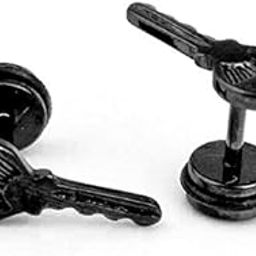 Black Color Key Cut Stud Earrings Stainless Steel Screw Back O Ring for Men & Women-image-27