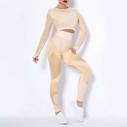 Women Two Piece Yoga Set Crop Long Sleeve High Waist Bodycon Hollow Out STRI d Sports Top L ings Workout Fitn Outfit-image-1