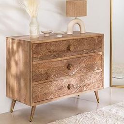 Fusion Furniture Solid Mango Wooden Hand Carved Chest of Drawer | Storage Cabinet with 3 Drawer for Living Room, Bedroom, Hotel & Home, Brown Finish, (40D x 95W x 75H Centimeters)-image-39