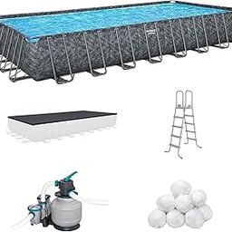 Bestway APX 365 Rectangular Swimming Pool Above Ground Outdoor Backyard Framed Pool Set with Sand Filter Pump, Ladder, and Cover, 31'4" x 16' x 52"-10