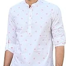 Men's Roll-Up Sleeve Mandarin Collar Tropical Printed Rayon Short Kurta-image-1