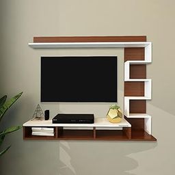 PICKWOOD Aaron Max Engineered Wood Wall Mount TV Entertainment Unit/Tv Rack Set to Box Stand with Wall Shelves for Living Room Classic Walnut & Frosty White (Ideal for up to 55")-0