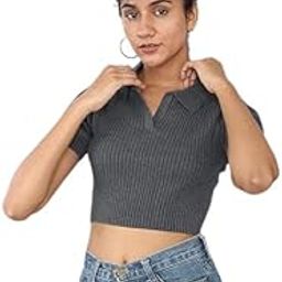Ribbed Polo Top for Women, Anthra Cotton Self Design Half Sleeve Round Neck Knitted Top in Stylish Look for Office, Regular Wear, Comfortable for Girls-image-48