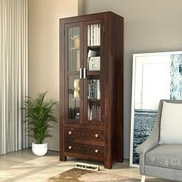 Trvientrix Handicraft Sheesham Wood Bookshelf with Glass Door for Home Library Solid Wood Bookcase Wooden Crockery Cabinet for Kitchen Book Shelf (Walnut)-picture-16