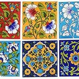 Blue Pottery Home Decorative Ceramic Wall Hanging Tile Design Flooring Tiles Floral Kitchen Washroom Mosaic Furniture Tile Handmade Backsplash 6 x 6 Inches (Pack of 6, Multicolor)-image-96