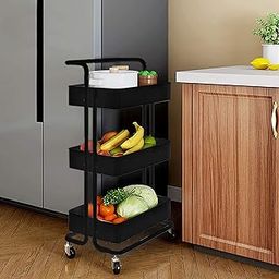 Haus Alchemy Steel 3 Tier Kitchen Storage Rack Multipurpose Stand Storage Rack Bathroom Shelf With Wheels Ideal For Living Room Bathroom Kitchen Trolley - Black (Lxbxh=43X36X87Cm)-22