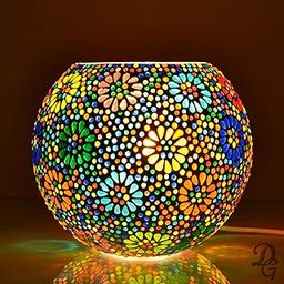 DECENT GLASS Decorative Table Lamps for Home Decor Mosaic Lamps Round Dome Shape Mosaic Bedside Table Lamp for Bedroom (20 cm, Multi) (Big)-image-121