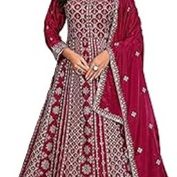 Women's Maroon Chinon Stitched Gown with Dupatta Full Sleeve Embroidered A-Line Gown (ME-1236)-46