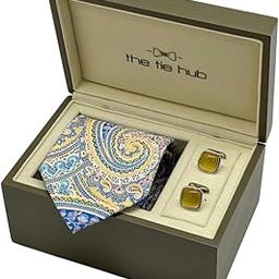 Multicolor Paisley Silk Necktie with Yellow Cufflinks Combo for Men – Printed Design-picture-8