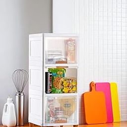 3-Tier Storage Cabinet with Sliding Doors, White Modular Organiser with Transparent Panel (3)-16