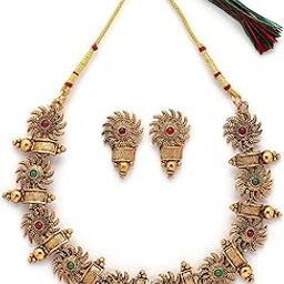 Indian Traditional 18k Gold Plated Red Green Choker Necklace with Studs Earring Jewellery Set for Women & Girls|NS107349-image-114