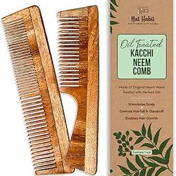 Nat Habit Kacchi Neem Wooden Comb, Soaked In 13 Herbs Neem, Seasame Oil For Multi-Actions Detangling, Frizz Control & Shine (Dual Tooth & Fine Tooth) Combo Pack of 2-36